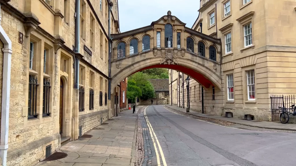 The Bridge of Sighs from street level in Oxford.