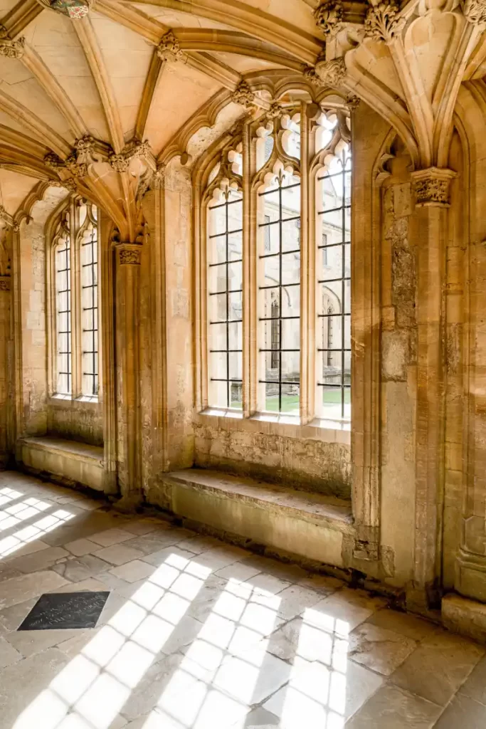 An archway corridor in an Oxford College. The light stonework and sunlight play wonderfully together.