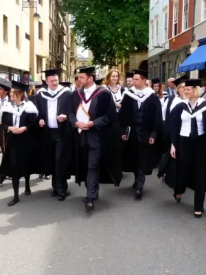 Oxford students exploring the city in their gowns. This shows the happy people in the city.